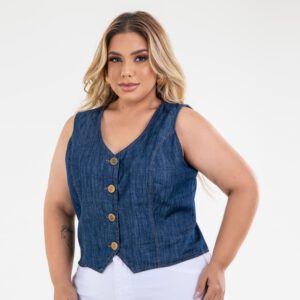 Colete Jeans Feminino com Botões Plus Size
