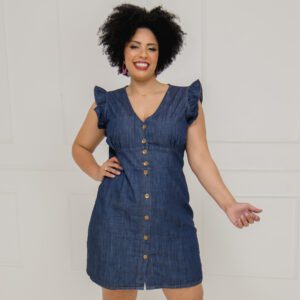 Vestido Tubinho Jeans com Manga Esvoaçante Plus Size
