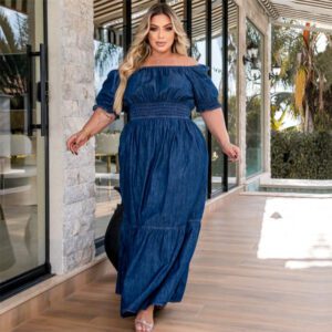 Vestido Jeans longo Plus Size Manga Ciganinha
