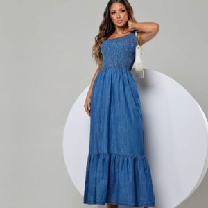 Vestido Jeans Longo de Um Ombro Só