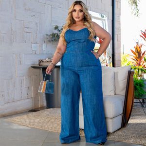 Macacão Feminino Jeans Plus Size Com Alça Ajustável