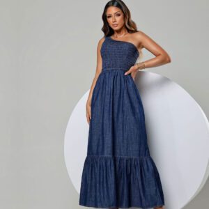 Vestido Jeans Longo Um Ombro Só