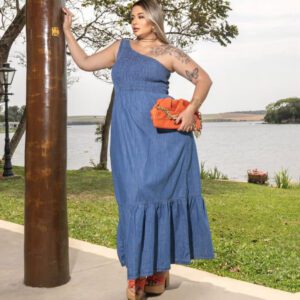 Vestido Jeans Longo Um Ombro