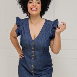 Vestido Tubinho Jeans com Manga Esvoaçante Plus Size