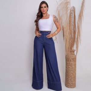 Calça Pantalona Jeans Wide Leg com Detalhe na Barra