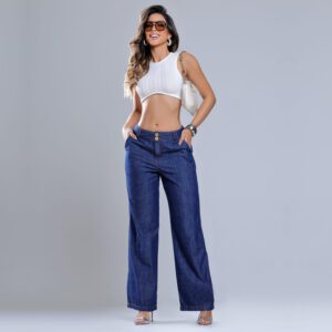 Calça Pantalona Jeans, cintura alta
