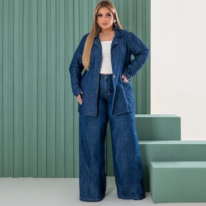 Conjunto Blazer e Calça Pantalona Jeans Plus Size