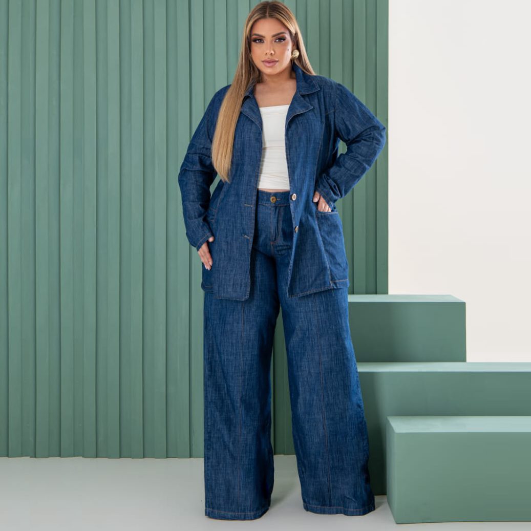 Conjunto Blazer e Calça Pantalona Jeans Plus Size