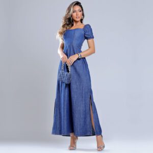 Vestido Longo Jeans de manga, com fenda na perna