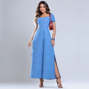 Vestido Longo Jeans de manga, com fenda na perna