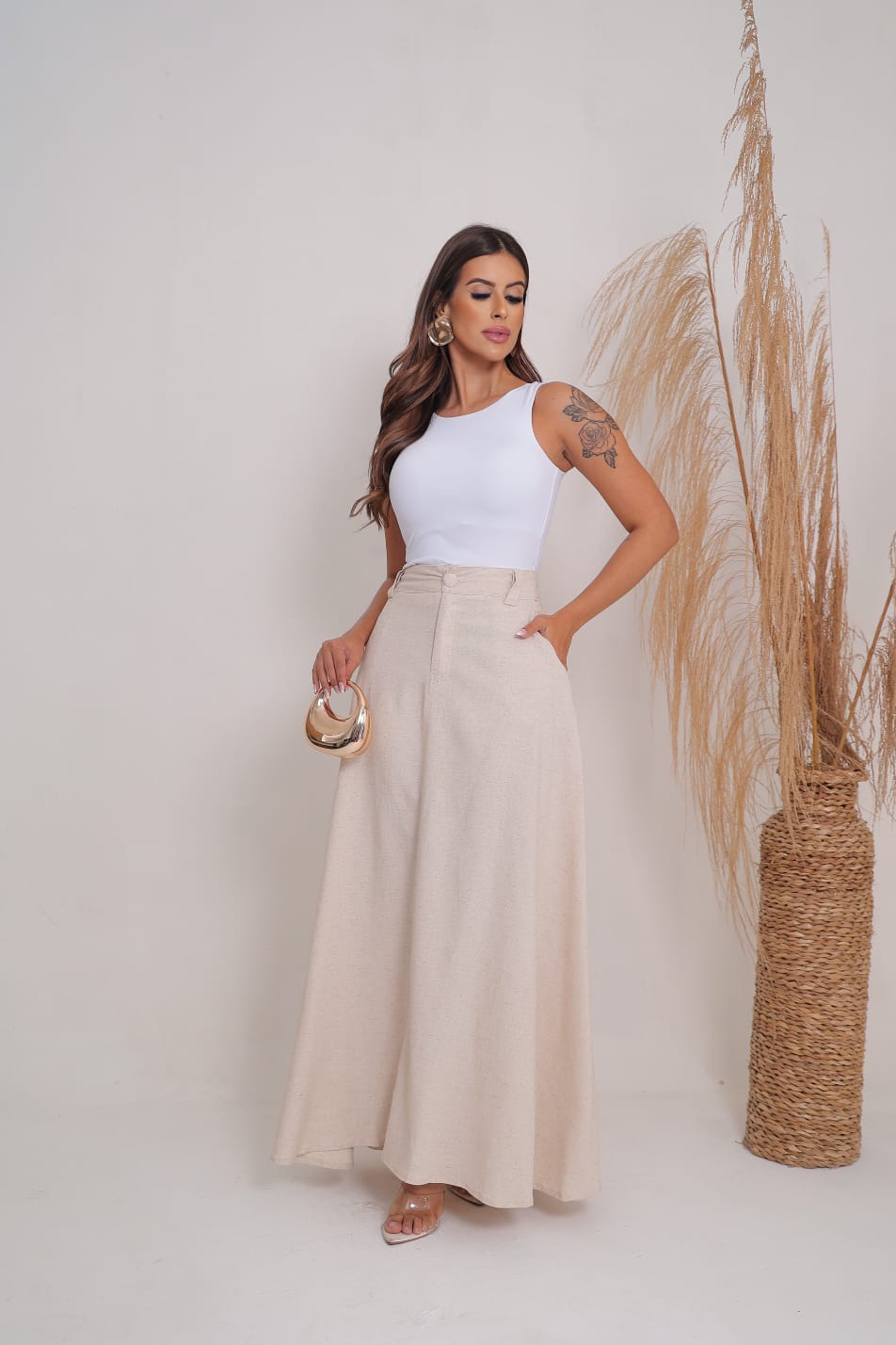 Saia longa de linho, evasê, elegante