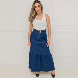 Saia longa jeans, elegante e casual, estilo três marias