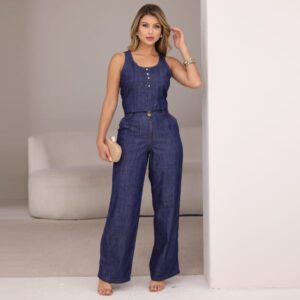 Conjunto Jeans Calça Pantalona e Blusa Regata