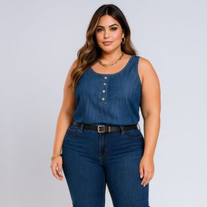 Blusa Regata Jeans Feminina plus size com Botões
