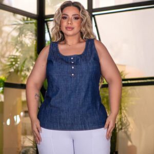 Blusa Regata Jeans Feminina plus size com Botões