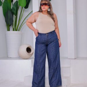 Calça Feminina Pantalona Jeans Cintura Alta Plus Size