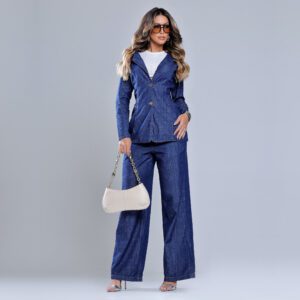 Conjunto Calça Jeans Pantalona e Blazer Jeans