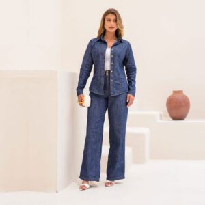 Conjunto de Calça Pantalona Jeans Cintura Alta e Camisa Jeans