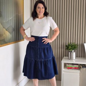 Saia Jeans cintura alta com marias