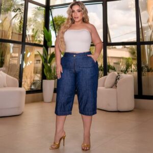 Calça Jeans Pantacourt Plus Size Cintura Alta Premium