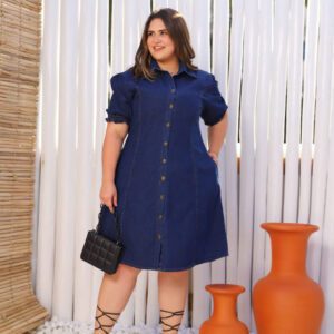 Vestido Chemise Jeans Plus Size Manga Bufante