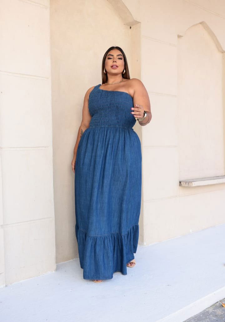 Vestido Longo Jeans Plus Size um ombro só - Imagem 4