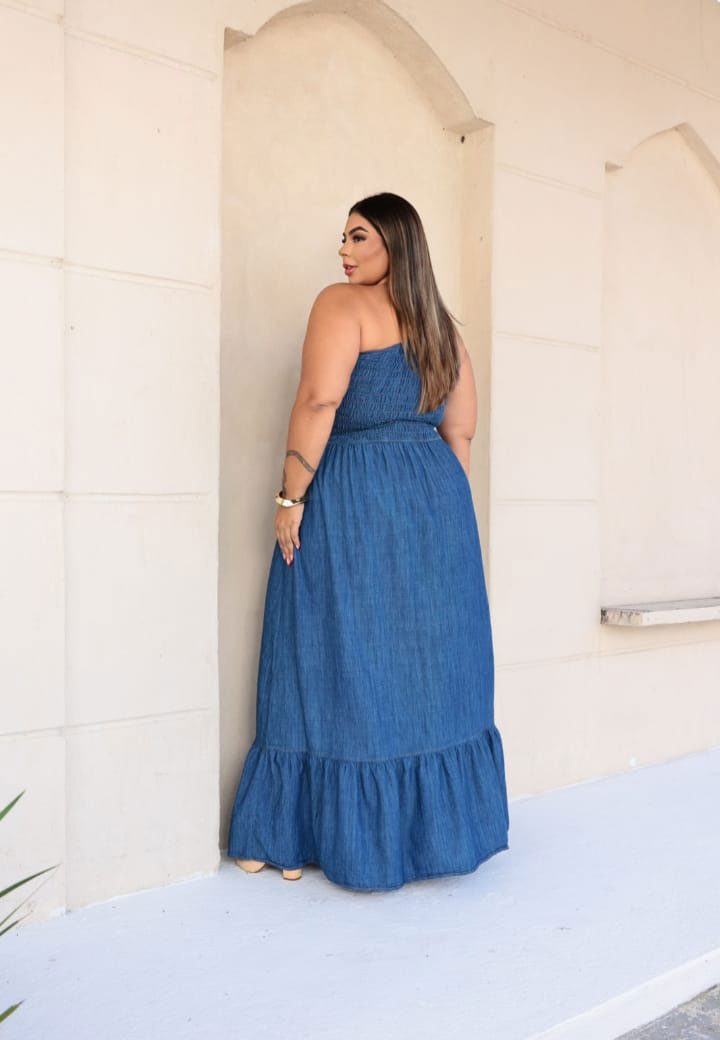 Vestido Longo Jeans Plus Size um ombro só - Imagem 3