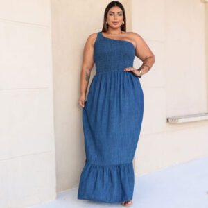 Vestido Longo Jeans Plus Size um ombro só