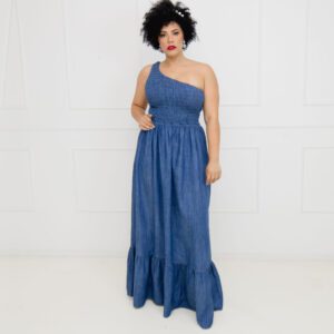 Vestido Longo Jeans Plus Size um ombro só