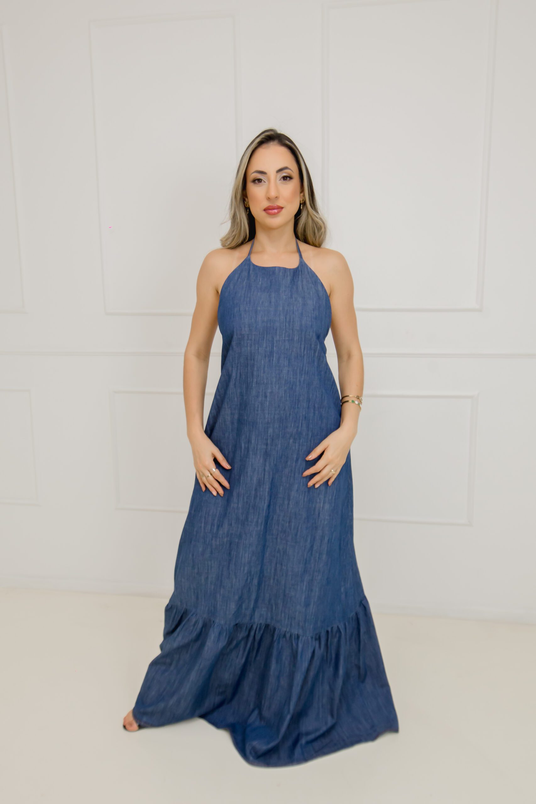 Vestido Longo Premium Jeans, gola americana com costa nua - Imagem 4