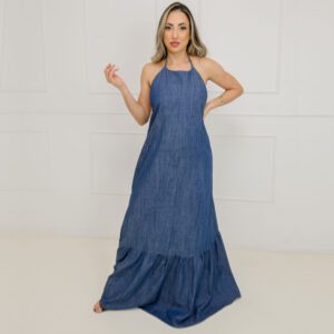Vestido Longo Premium Jeans, gola americana com costa nua