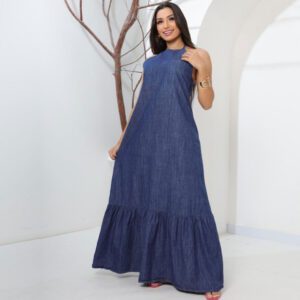 Vestido longo jeans costa nua