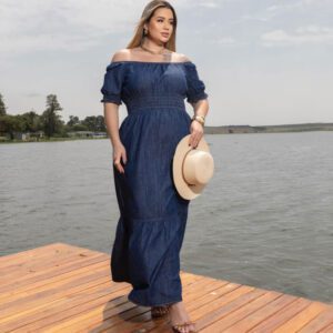 Vestido Jeans Longo Plus Size Manga Ciganinha