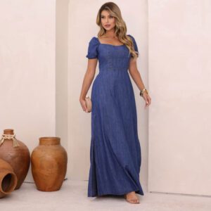 Vestido Longo Jeans de manga, com fenda na perna