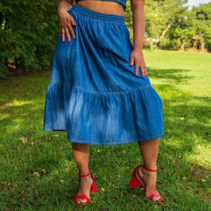 Saia Jeans Longuete com Fenda Plus Size