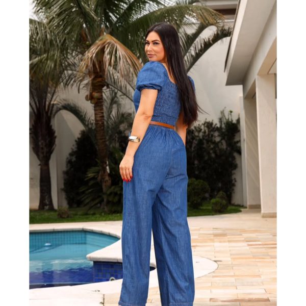 Macacão Feminino Jeans, manga curta, elegante e casual - Imagem 3