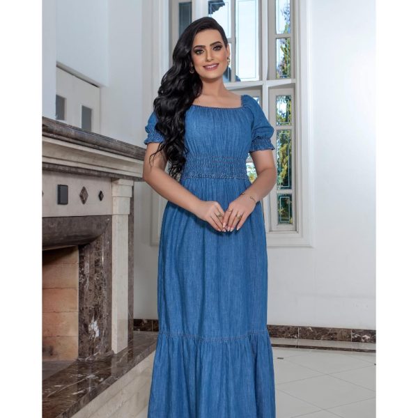 Vestido longo, Manga ciganinha - ombro a ombro, com babado e detalhe em lastex
