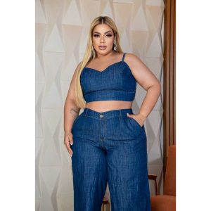 Conjunto - Calça Pantalona e Cropped Jeans, Plus Size