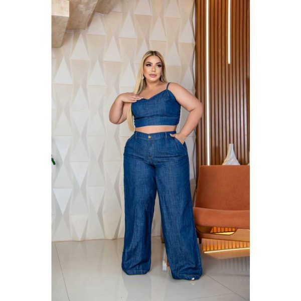 Conjunto Calça Pantalona e Cropped Jeans Plus Size
