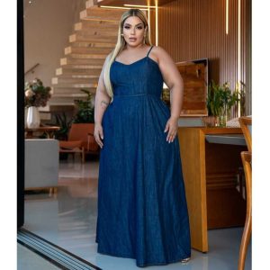 Vestido Jeans Longo Plus Size, com alça ajustável, elegante casual