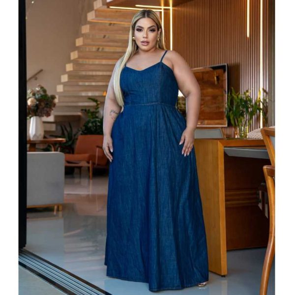 Vestido Jeans Longo Plus Size, com alça ajustável, elegante casual