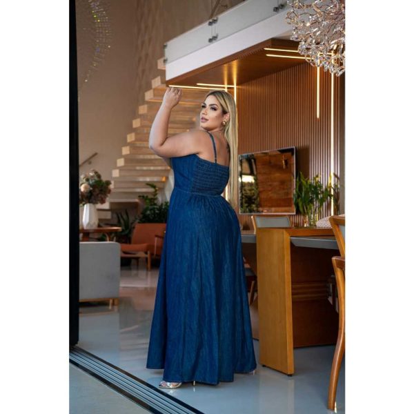 Vestido Jeans Longo Plus Size, com alça ajustável, elegante casual - Imagem 2