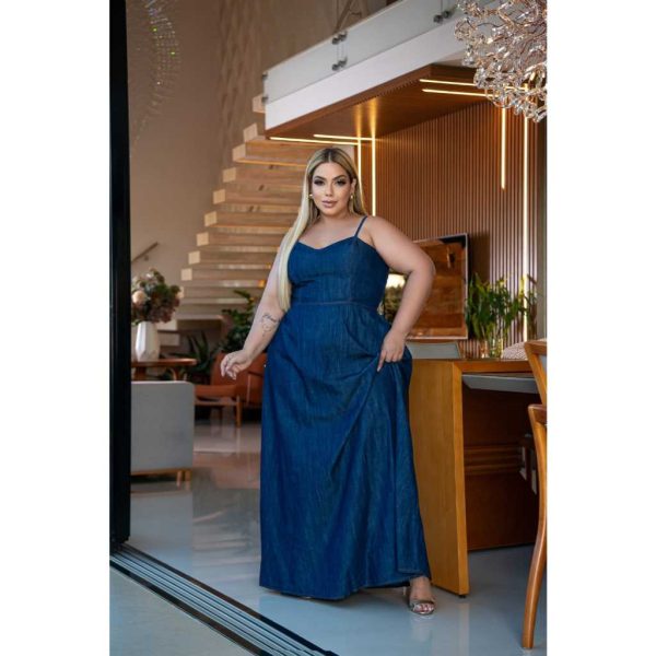 Vestido Jeans Longo Plus Size, com alça ajustável, elegante casual - Imagem 3