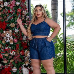 CONJUNTO SHORTS E CROPPED JEANS, PLUS SIZE