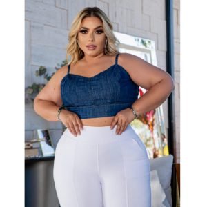 Cropped Jeans Plus Size, elásticos nas costas, alça ajustável
