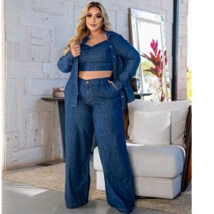 CONJUNTO , CALÇA PANTALONA, CROPPED  E CAMISA JEANS PLUS SIZE
