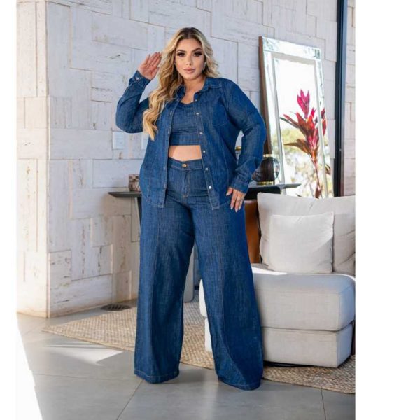 CONJUNTO , CALÇA PANTALONA, CROPPED  E CAMISA JEANS PLUS SIZE - Imagem 2