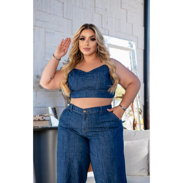 CONJUNTO , CALÇA PANTALONA, CROPPED  E CAMISA JEANS PLUS SIZE - Imagem 3