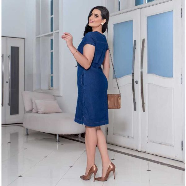 Vestido Jeans Chemise com botão, bolso na lateral - Moda Evangelica - Imagem 3