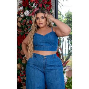 Conjunto - Calça Pantalona e Cropped Jeans, Plus Size, lavagem clara